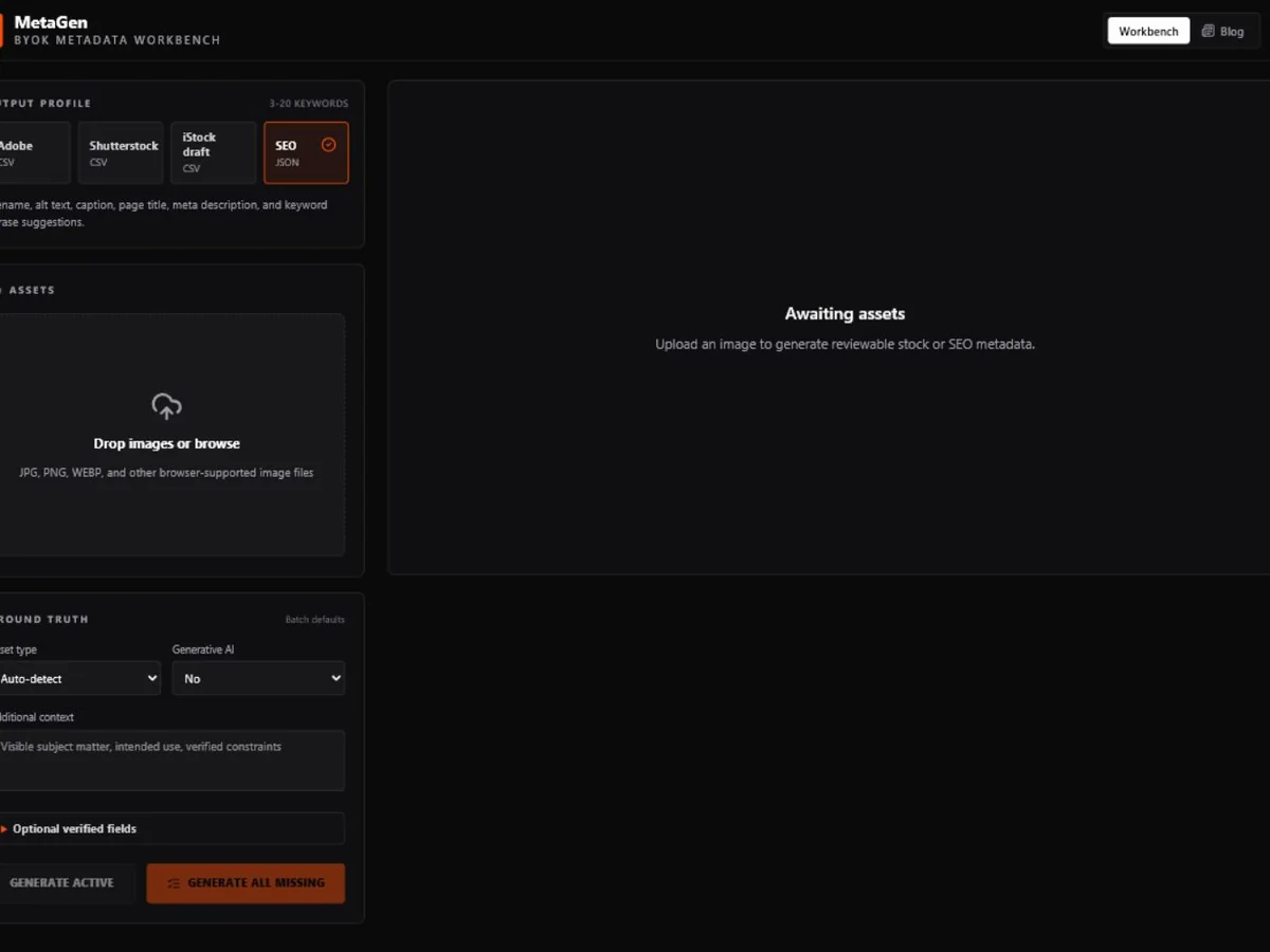 MetaGen metadata workbench showing output profiles, image upload, and review controls